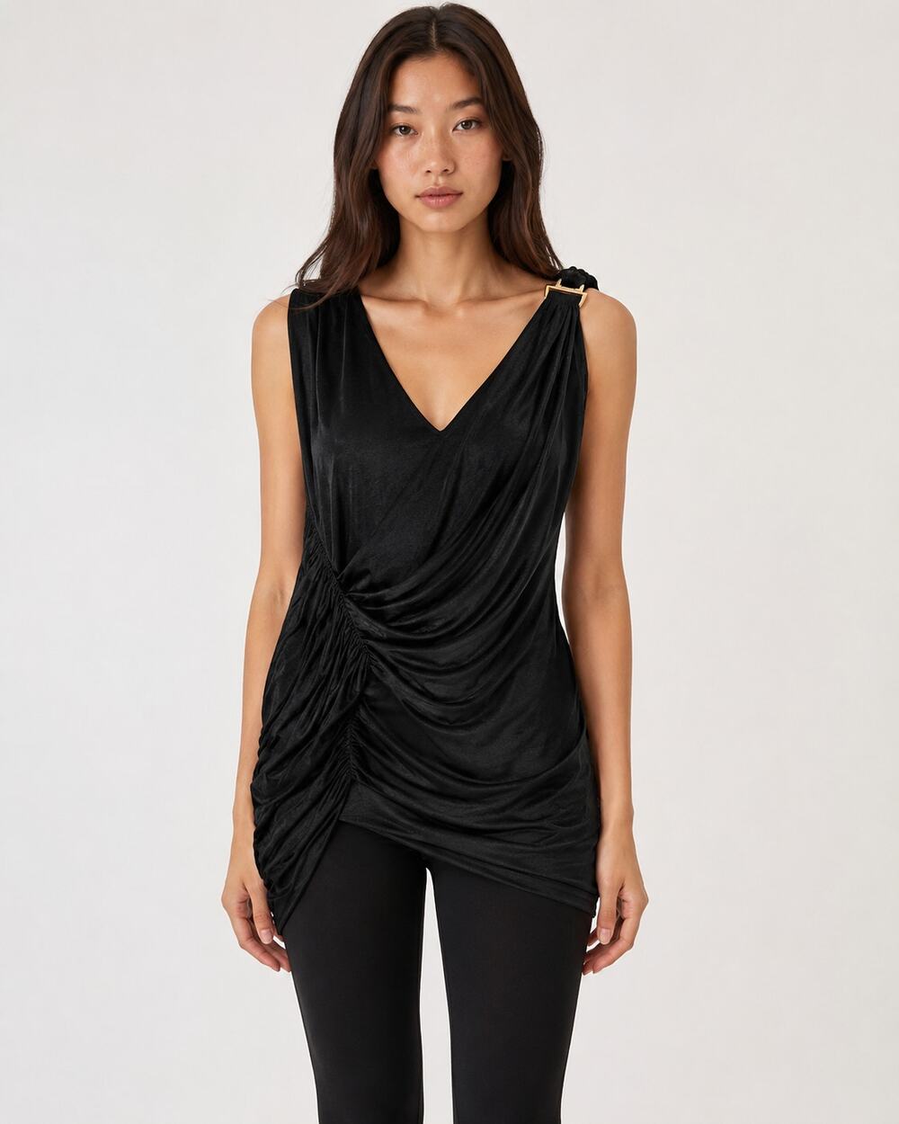 BCBGMAXAZRIA Black Draped Asymmetrical Sleeveless Top Women S Gold Hardware